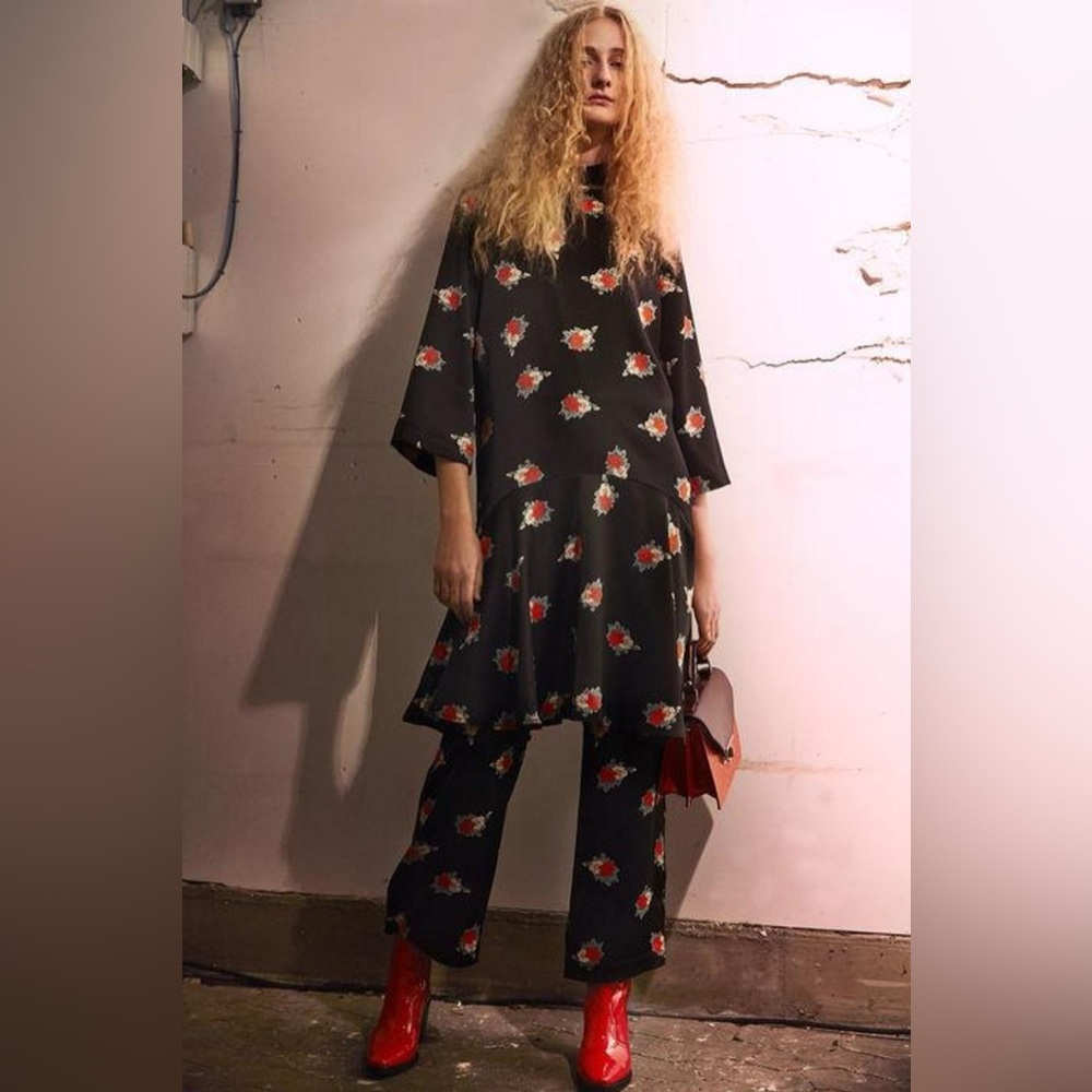 GANNI Black & Floral Print Knee Length Dress Size 40 (6-8)